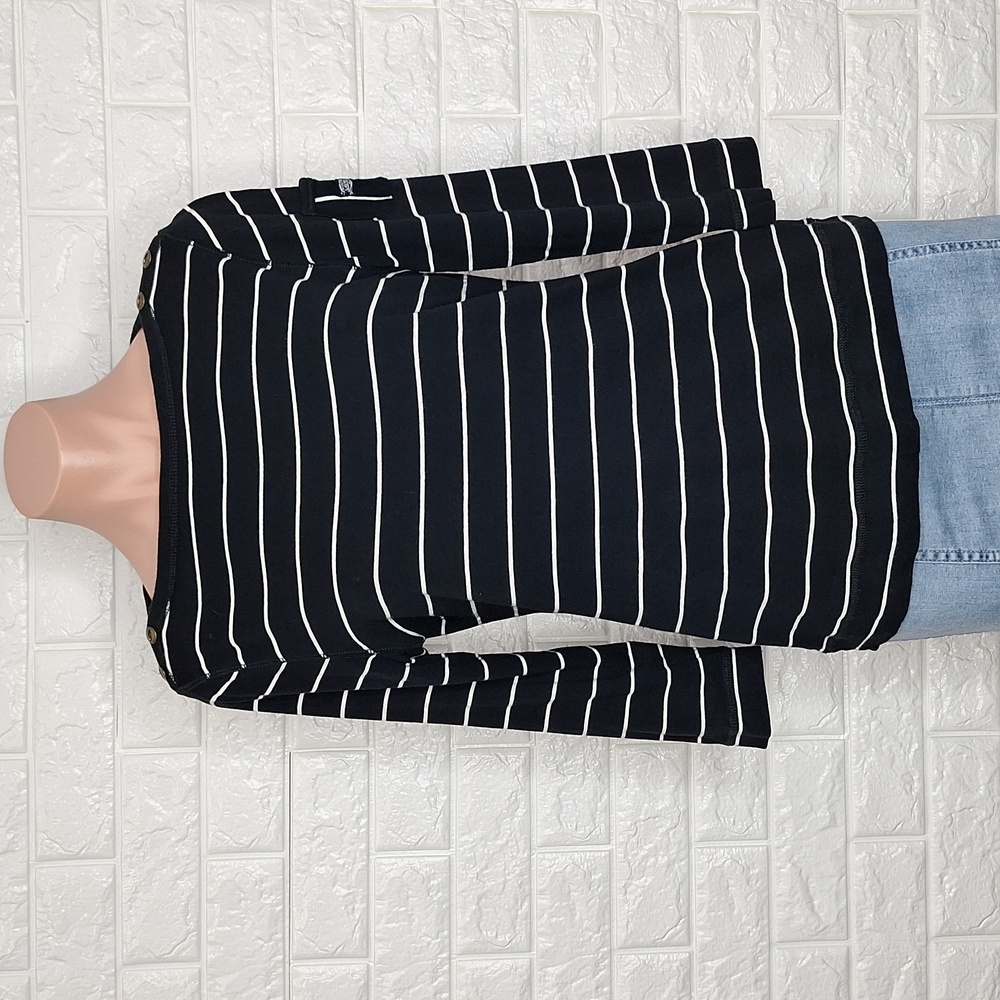 LAUREN RALPH LAUREN Black and White Striped Boat Neck 3/4 Sleeve T Shirt